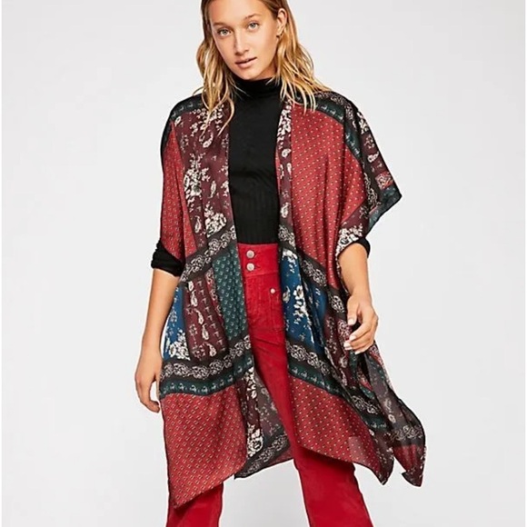 Free People New Mon Cherry boho satin patchwork kimono - Picture 1 of 12